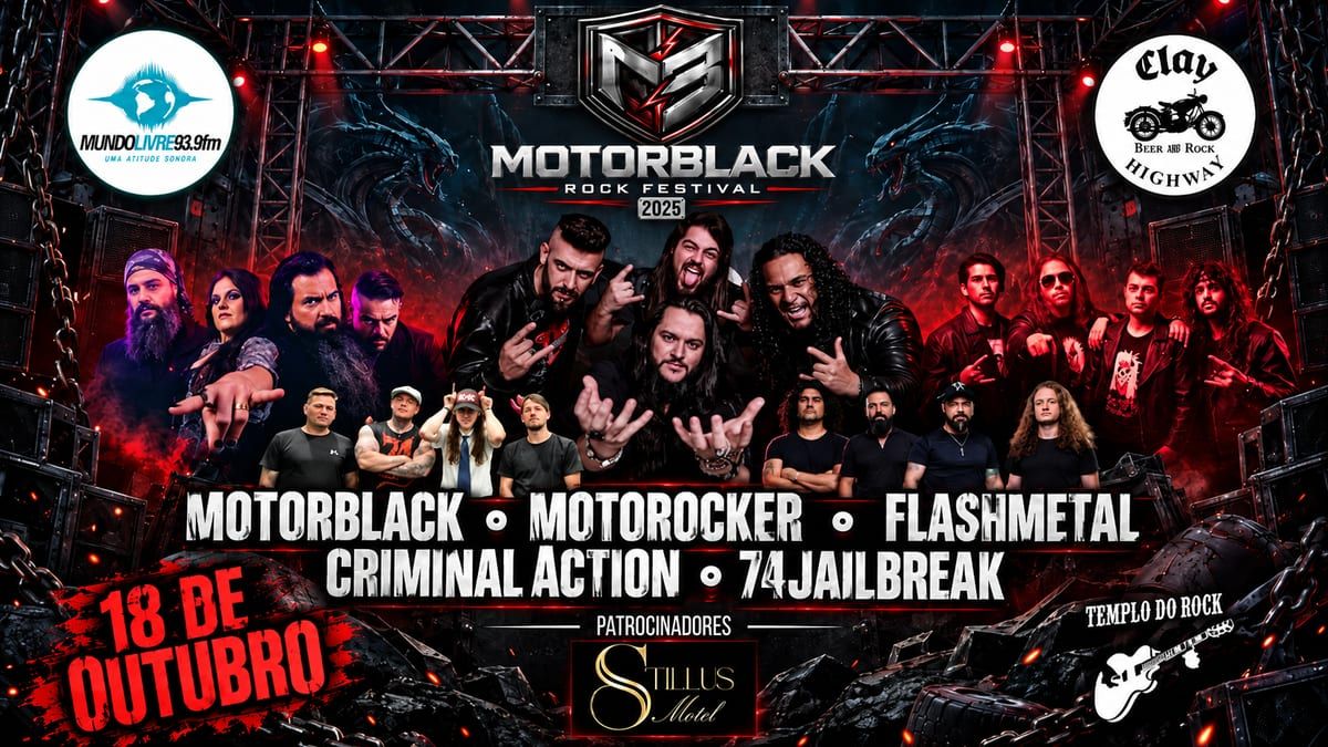 Banner de divulgação do Motorblack Rock Festival no Clay Highway Bar, com bandas de rock e motoclubes